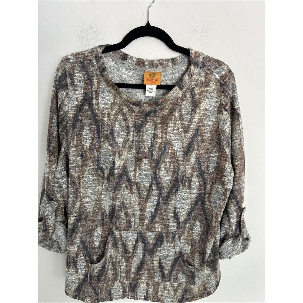 Rudy Rd Women's PXL Brown Beige Rolled Tab Sleeve Front Pocket Crewneck Soft Top